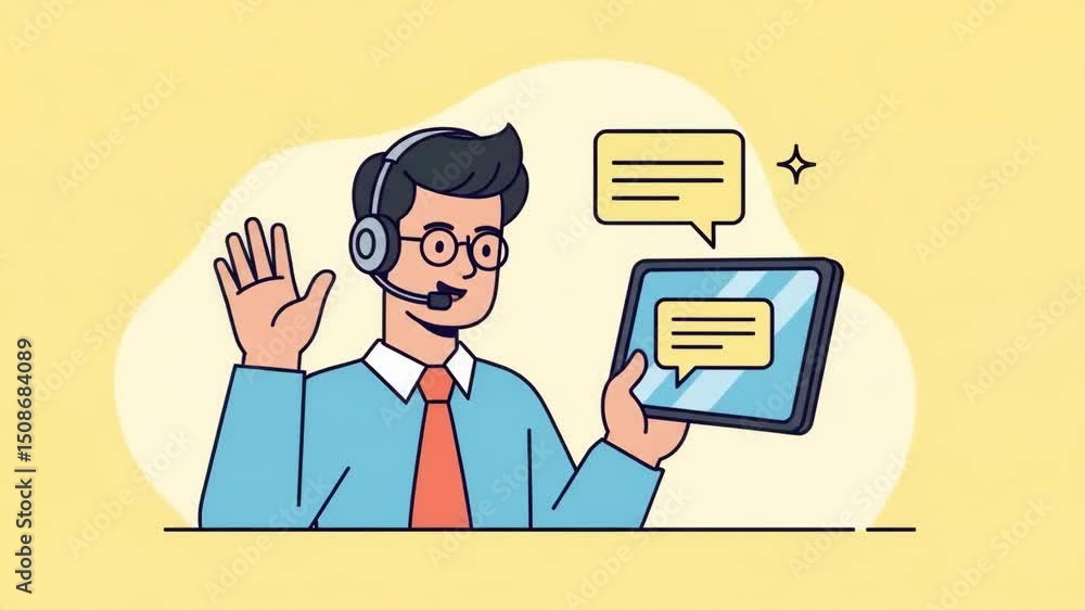 Animated customer support representative holding digital tablet with chat bubbles and headset in office environment Animated customer support representative holding digital tablet with chat bubbles and headset in office environment