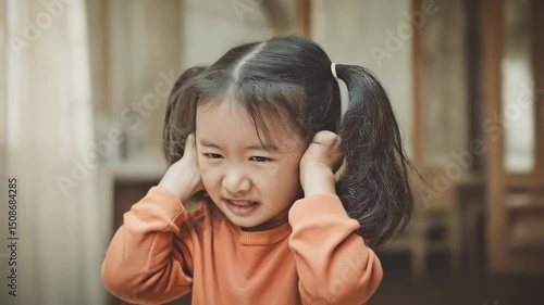 Worried young girl covering her ears indoors with an expression of distress and upset, highlighting frustration and negative emotion.