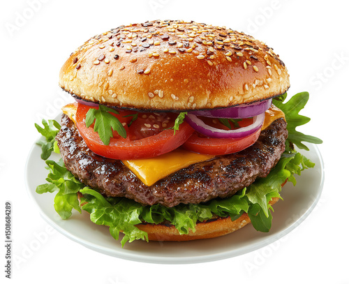 Gourmet hamburger with tomato and lettuce on white plate, PNG image