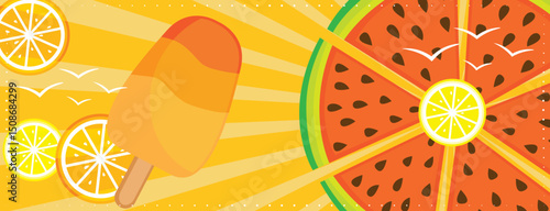 Colorful summer vacation banner with fruits and ice cream. Hand drawn vector illustration. 