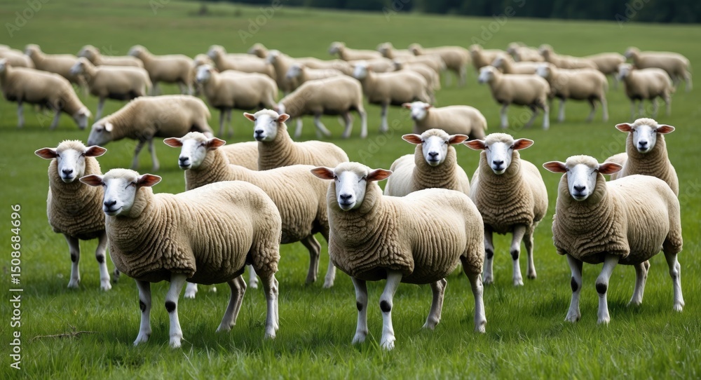 Obraz premium Flock of domestic sheep grazing on a meadow