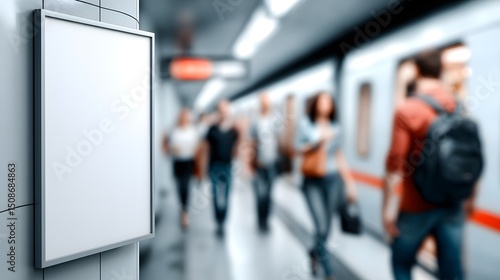 A blank white mock-up billboard dominates the backdrop of a bustling subway station, ready for digital media advertisement. The dynamic urban environment offers ample copyspace for customizable
