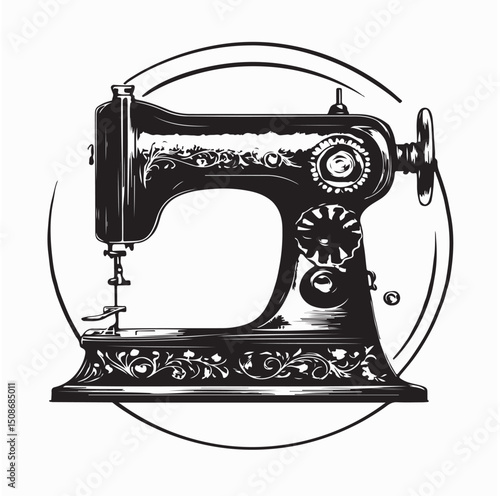 Retro illustration of a vintage sewing machine on white background