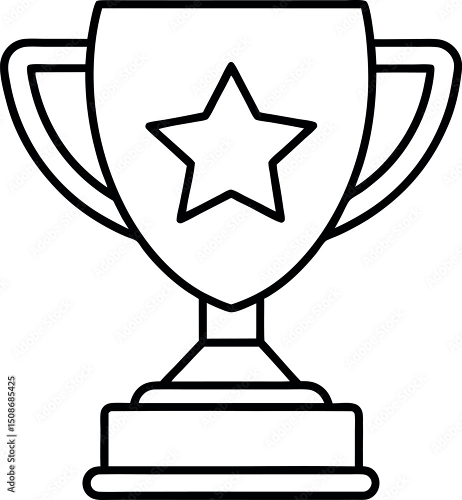 Black line art icon of a trophy on a pedestal, representing recognition, success, and achievement. Black line art icon of a trophy on a pedestal, representing recognition, success, and achievement.