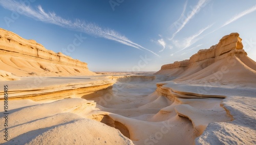 A small panoramic landscape of a geological erosional landform in a desert.
