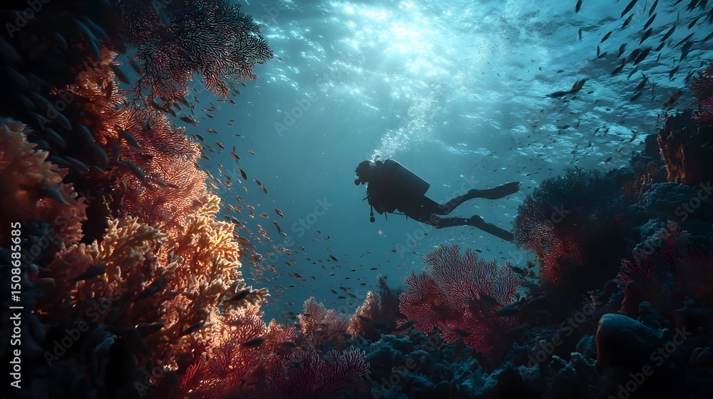 Fototapeta premium Diver exploring vibrant coral reef teeming with fish, sunlight filtering through water above