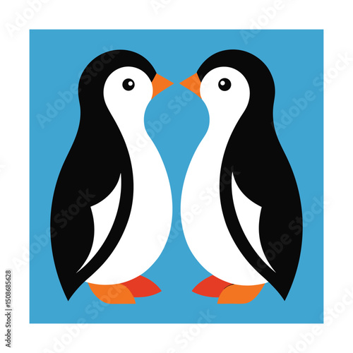 Two adorable penguin friends facing each other on a blue background simple illustration