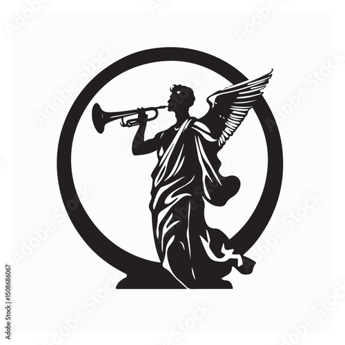 Obraz na plátně Angel Moroni with Trumpet Silhouette Logo Vector isolated on white Background