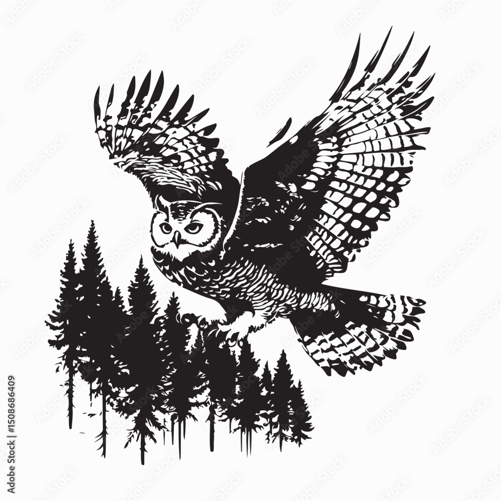 Obraz premium A majestic Owl soaring over a lush forest landscape image vector.