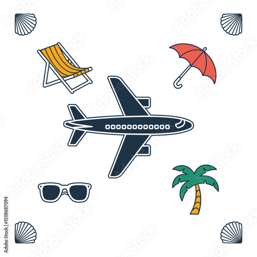 Summer travel concept with airplane, palm tree, beach items, and seashells on white background.