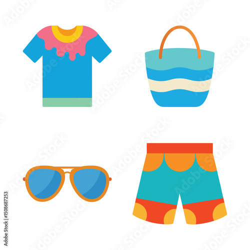 Summer Collection Set Vector Illustration. Beachwear, Sunglasses, Tote Bag, and Shorts.