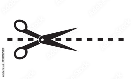 Isolated Black Scissors Icon Vector, black scissor icon cutting through a dotted horizontal line on white background, simple vector style useful for coupon, trim or cutout concepts
