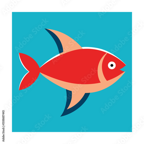 Simple illustration of a bright red fish with fins swimming in a blue background