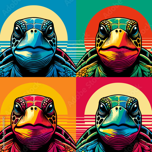 Bright pop art turtle portrait in four colors variations, vector art
