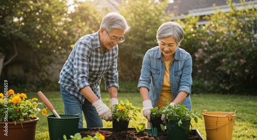 senior asian couple gardening together in a lush backyard setting