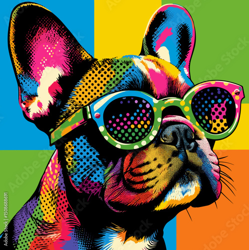 Colorful retro pop art French bulldog in glasses, bright vector art