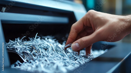 Hand reaches into paper shredder filled with shredded documents in an office setting during the day