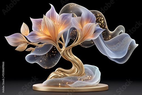 Fantasy tree design with radiant foliage and elegant flowing ribbon branches high resolution photo