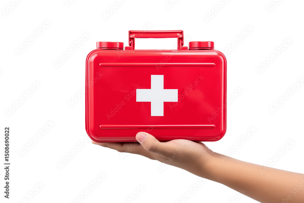Obraz premium Hand holding first aid kit with medical cross isolated on white background