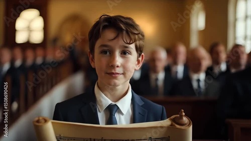 Smiling 13-year-old Sephardic Jewish boy at his Bar Mitzvah, wearing a crisp white shirt and dark suit, holding a Torah scroll, with soft, natural light filtering through the synagogue's windows
