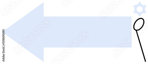 Large arrow pointing left, magnifying glass examining gear on the right. Ideal for strategy, research, progress, focus, goals, solutions analytics. Flat simple metaphor