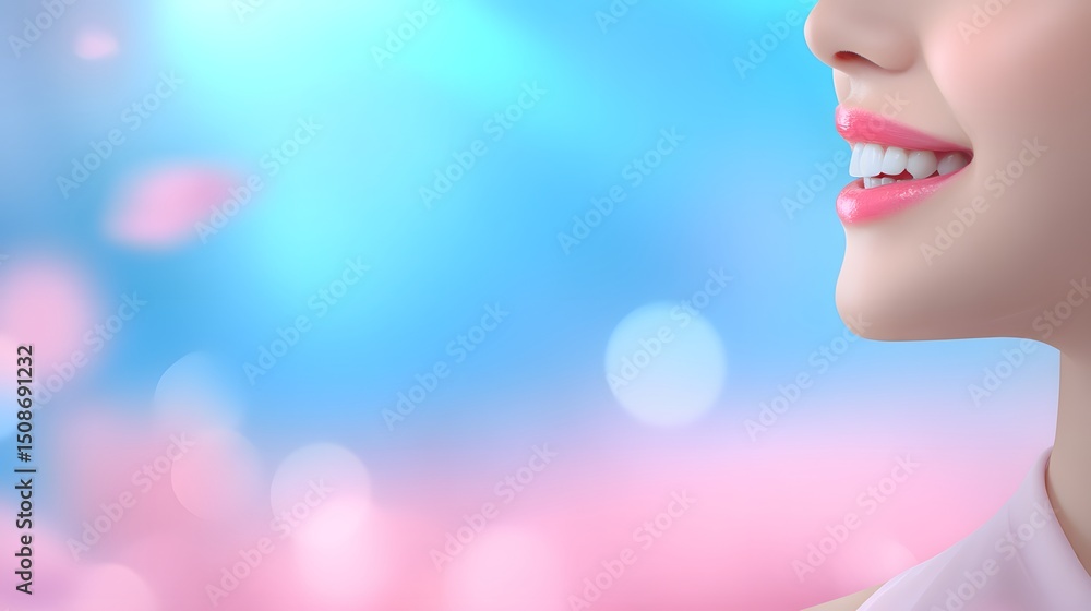 Fototapeta premium Smiling Woman with Soft Pink Background and Dreamy Atmosphere