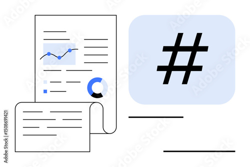 Documents with analytics data, charts, and metadata tag icon. Ideal for business strategy, social media marketing, data analysis, content creation, digital marketing, branding simple landing page
