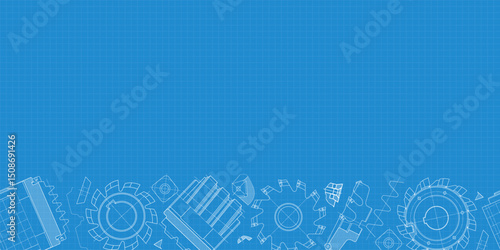 Mechanical engineering drawings on blue background. Cutting tools, milling cutter. Technical Design. Cover. Blueprint. Horizontal seamless pattern. Vector illustration.