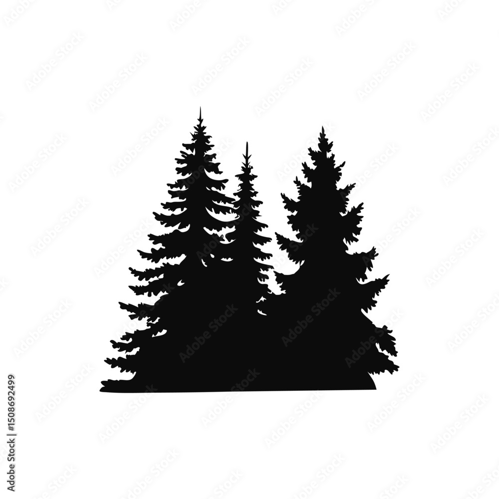 Fototapeta premium Silhouette of Pine Trees Forest Illustration. Black and White Evergreen Trees Vector Art for Nature, Outdoors, and Wilderness Themes