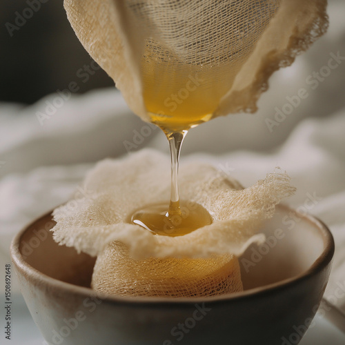 Close-up of glass jar filling with freshly filtered honey through muslin cloth over ceramic bowl, droplets mid-air, natural kitchen setting, gentle morning light, whites, beiges, golden tones
