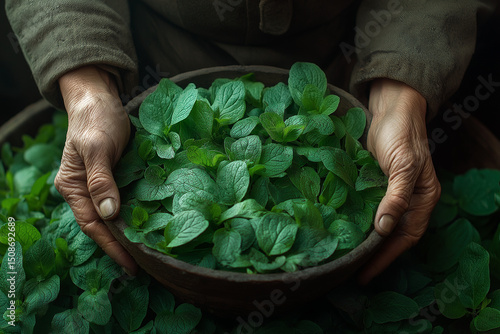 Close-up of herbalist’s hands picking field herbs with precision, studio lighting, high detail, neutral background, professional harvesting routine
