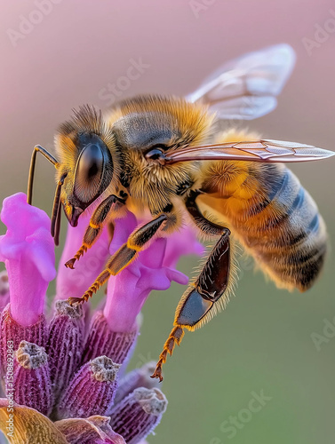 Macro close-up of honeybee perched on blooming lavender flower with pollen-covered legs, detailed wings and body texture, backlit by warm evening sunlight, natural botanical style, ultra-high detail
