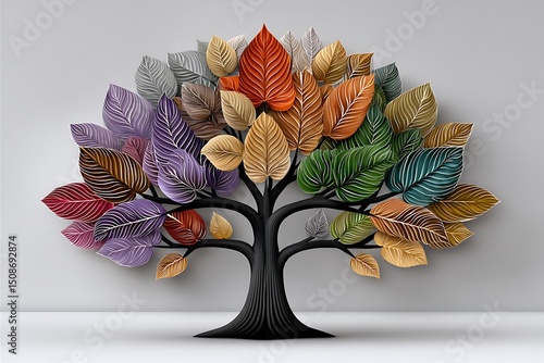 Stylized tree illustration with symmetrical leaf pattern in vivid color scheme high resolution photo