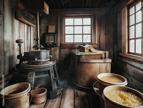 Old honey centrifuge in wooden shed with filled honey buckets, bee smoker, and wax, low warm light, rustic production setting, brown and gold tones, high-detail editorial photo
