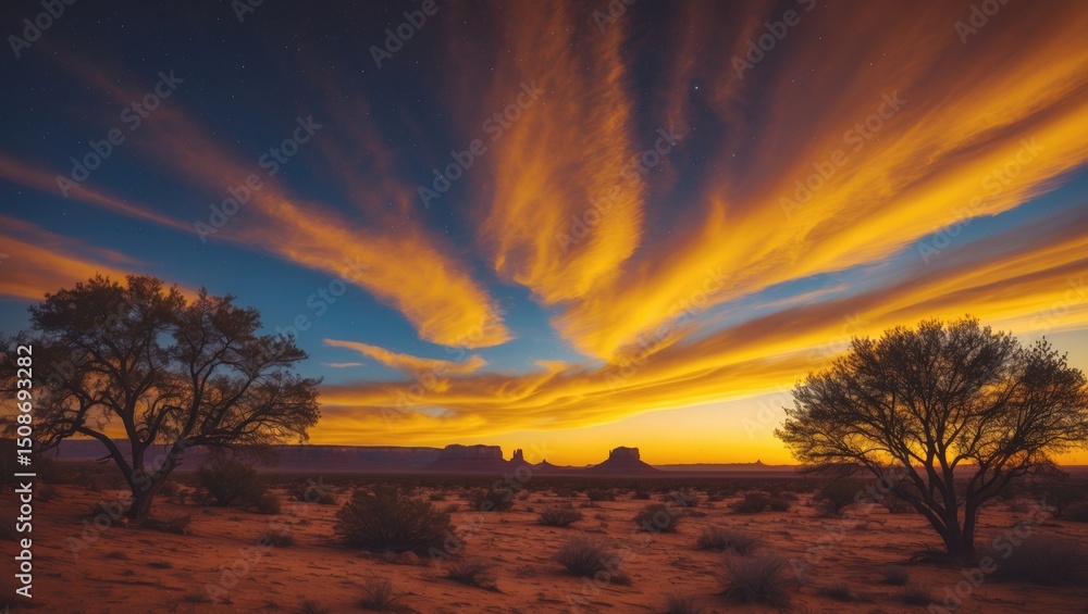Brilliant yellow-orange sunset lights up the sky, casting a warm glow over the desert and trees, blending vibrant colors with the rugged landscape below, with empty space for text Brilliant yellow-orange sunset lights up the sky, casting a warm glow over the desert and trees, blending vibrant colors with the rugged landscape below, with empty space for text