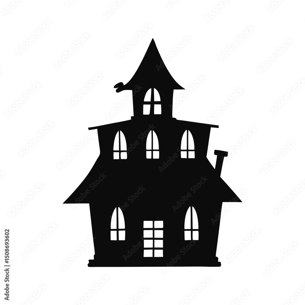 Silhouette of a Spooky Haunted House with Gothic Architecture, Eerie Windows, and a Creepy Atmosphere. Perfect for Halloween-Themed Designs, Decorations, and Illustrations. Silhouette of a Spooky Haunted House with Gothic Architecture, Eerie Windows, and a Creepy Atmosphere. Perfect for Halloween-Themed Designs, Decorations, and Illustrations.