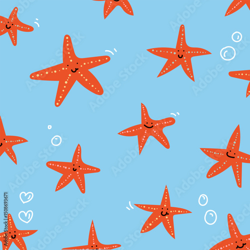 Starfish background pattern for fabric design, textile print, wrapping paper, cover. cartoon illustration of beach summer background. Vector illustration.