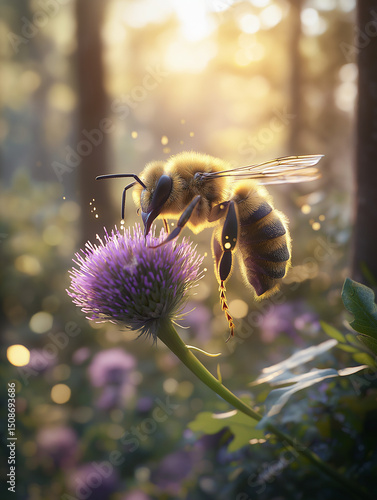 Side view of bee feeding on wild thistle flower with extended proboscis and nectar droplets, soft blurred forest background, dappled sunlight, sharp focus, natural outdoor macro photo
