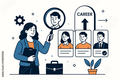 HR manager selecting top candidate from resumes. Recruitment process talent acquisition. Job interview hiring decision. Human resources career growth professional selection concept