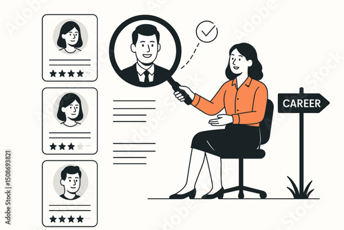 HR recruitment businesswoman selecting best candidate with magnifying glass. Job interview talent acquisition employee screening resume review career hiring process