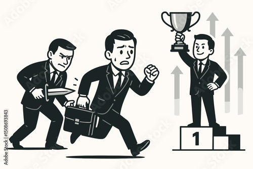 Corporate betrayal backstabbing businessman competition office politics. Workplace sabotage rivalry employees conflict. Winner trophy success achievement. Unfair advantage cheating metaphor