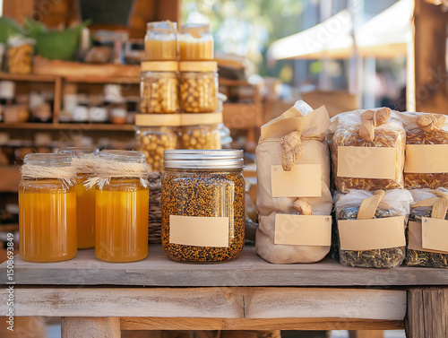 Rustic reclaimed wood market stall with honey jars, beeswax candles, kraft-wrapped herbal tea, soft blurred background, golden natural light, warm amber and green tones, high-resolution eco product