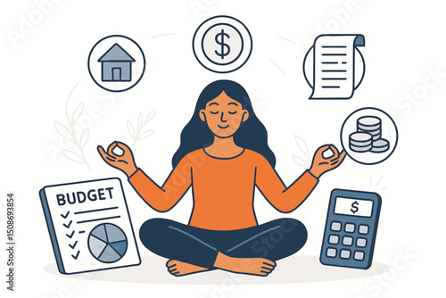 Financial budget money planning management savings calculator. Personal finance wellness harmony meditation mindfulness. Zen peaceful lifestyle balance woman concept vector illustration