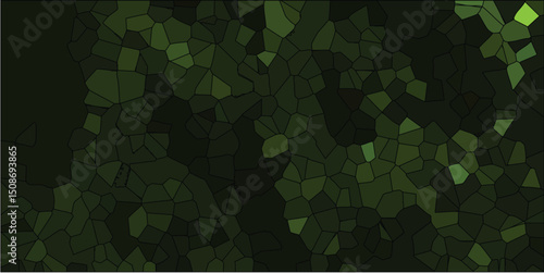 Abstract green stained glass texture design featuring geometric shapes and dark tones suitable for backgrounds and modern graphic design projects