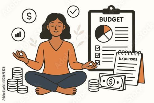 Financial wellness meditation zen concept vector. Woman practicing mindful money management budgeting investment planning. Peaceful finance harmony balance lifestyle. Budget expenses chart analytics