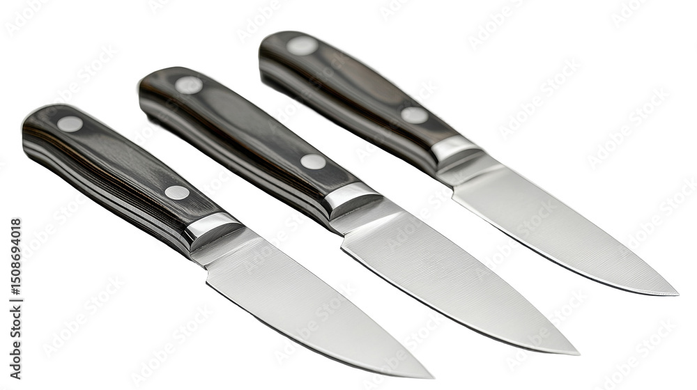 Fototapeta premium Three steak knives with handles aligned on a plain background on transparent background