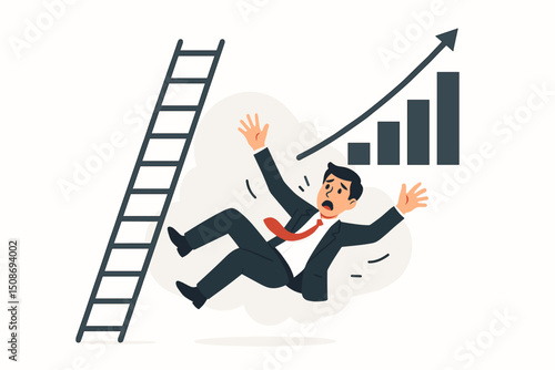 Career setback business failure concept. Businessman falling from success ladder. Professional decline metaphor. Growth chart corporate challenge. Career development obstacle