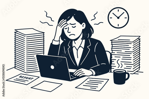 Stressed overwhelmed businesswoman frustrated head hands deadline pressure office desk stacks paperwork documents laptop corporate burnout exhausted mental health workplace anxiety