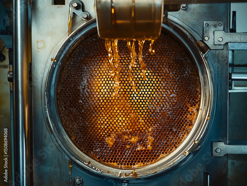 Top-down view of honey extractor with spinning frames and honey splatters inside, industrial and traditional beekeeping mix, cool overhead workshop light, stainless steel and warm honey tones
