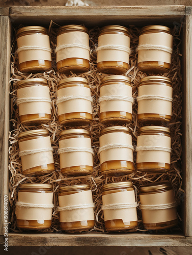 Top-down view of small honey jars in kraft wrapping arranged in wooden crate with shredded paper. Eco-friendly packaging, soft natural daylight, clean beige and amber tones. 